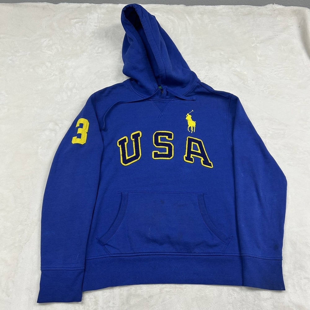 Polo Ralph Lauren Hoodie Mens M Blue USA Big Pony Patch Pullover 1349